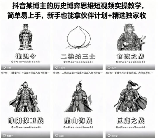 抖音某博主的历史博弈思维短视频实操教学，简单易上手，新手也能拿伙伴计划+精选独家收益-猴哥VIP资源站