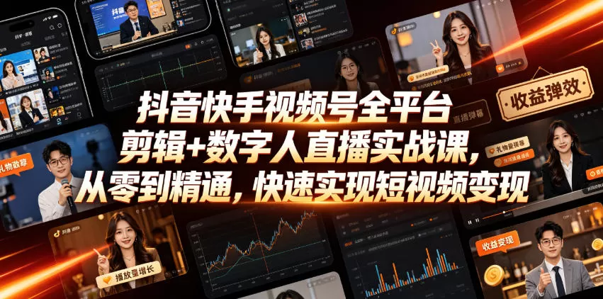 抖音快手视频号全平台剪辑+数字人直播实战课,从零到精通,快速实现短视频变现(更新2026年6月)-猴哥VIP资源站