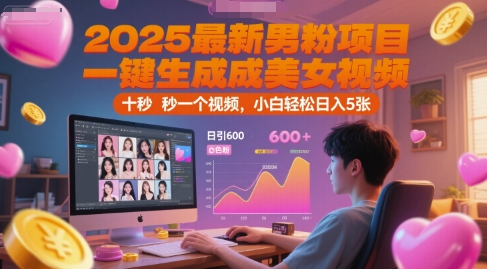 2025最新男粉项目，一键生成美女视频，日引600+色粉 十秒一个视频，小白轻松日入5张【揭秘】-猴哥VIP资源站