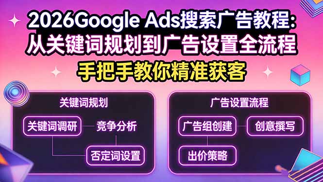 2026Google Ads搜索广告教程：从关键词规划到广告设置全流程，手把手教你精准获客-猴哥VIP资源站