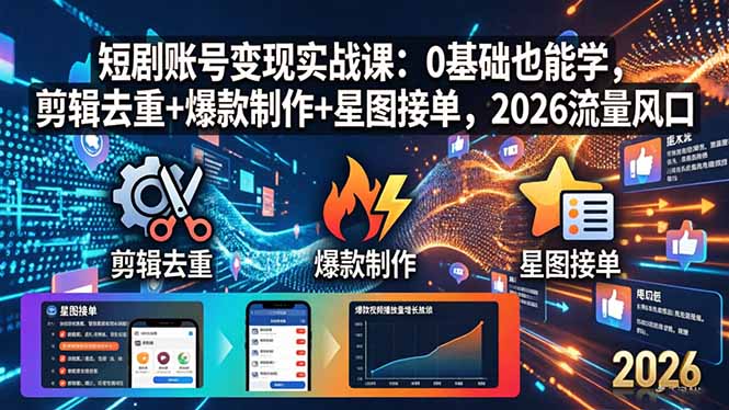 短剧账号变现实战课:0基础也能学,剪辑去重+爆款制作+星图接单,2026流量风口-猴哥VIP资源站