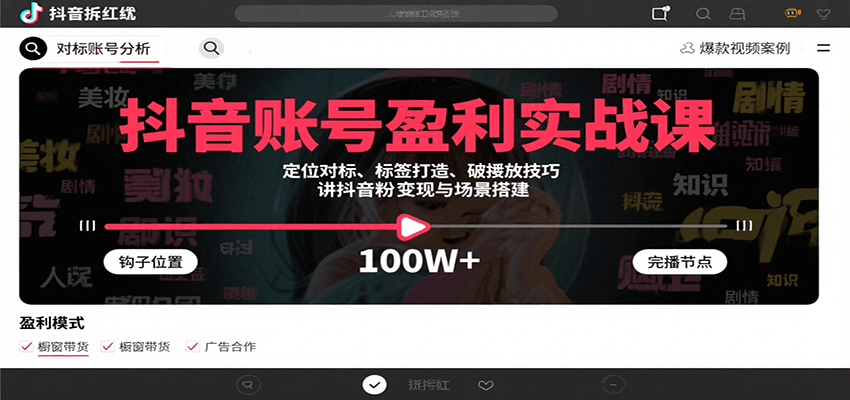 抖音账号盈利实战课，定位对标、标签打造、破播放技巧，讲涨粉变现与场景搭建-猴哥VIP资源站