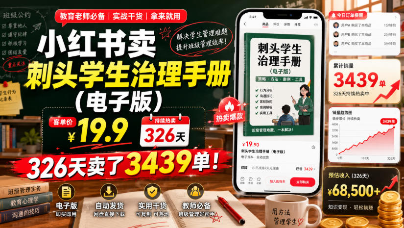小红书卖刺头学生治理手册(电子版)，客单价19.9，326天卖了3439单！-猴哥VIP资源站