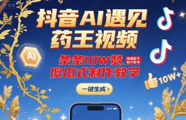 抖音AI遇见药王视频,条条10W赞,快速起千粉万粉号,傻瓜式制作教学-猴哥VIP资源站