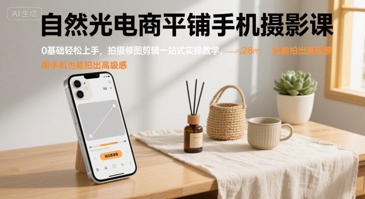 自然光电商平铺手机摄影课，0基础轻松上手，拍摄修图剪辑一站式实操教学，用手机也能拍出高级感-猴哥VIP资源站