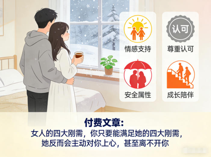 付费文章:女人的四大刚需,你只要能满足她的四大刚需,她反而会主动对你上心,甚至离不开你