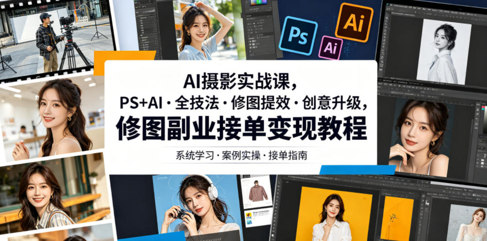AI摄影实战课,PS+AI・全技法・修图提效・创意升级,修图副业接单变现教程-猴哥VIP资源站
