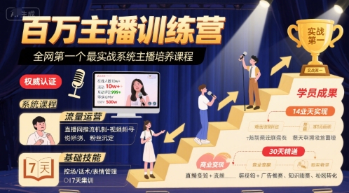 百万主播训练营,全网第一个最实战系统主播培养课程