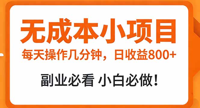无成本小项目 每天操作几分钟，真实日收益800+ 副业必看 小白必做！-猴哥VIP资源站