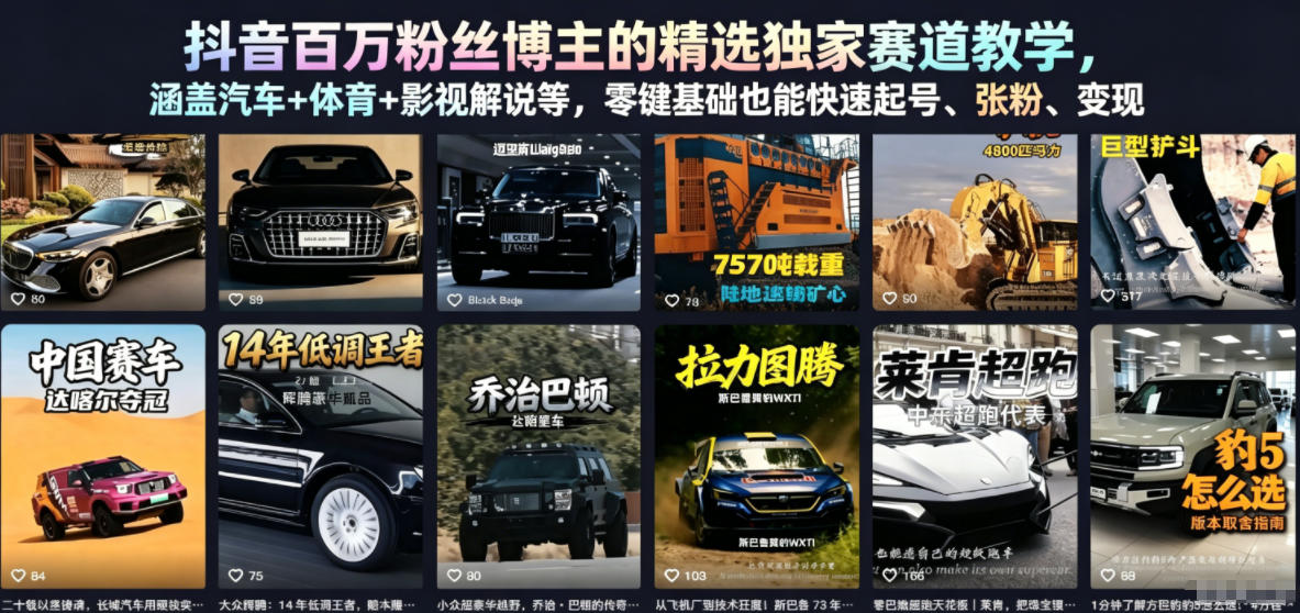 抖音百万粉丝博主的精选独家赛道教学，涵盖汽车+体育+影视解说等，零基础也能快速起号、涨粉、变现-猴哥VIP资源站