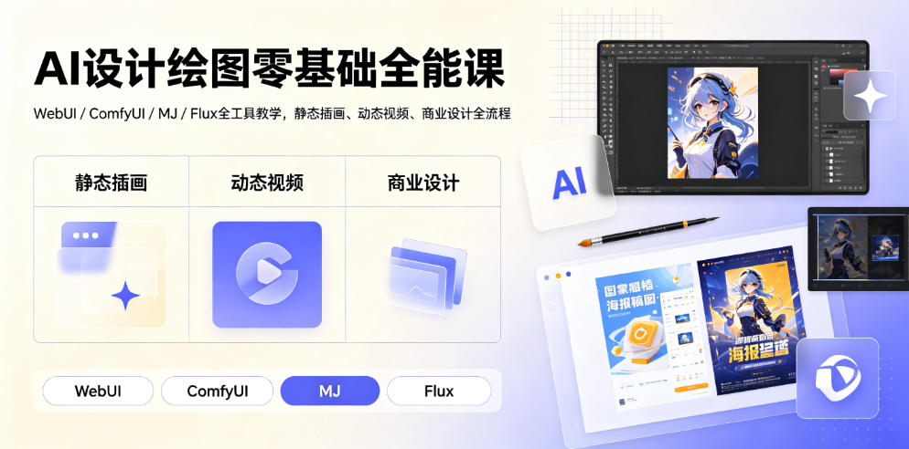 AI设计绘图零基础全能课,WebUI/ComfyUI/MJ/Flux全工具教学,静态插画+动态视频+商业设计全流程-猴哥资源站