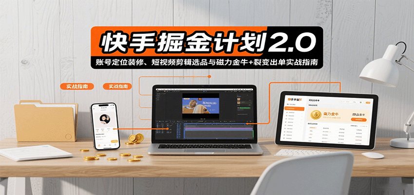 快手掘金计划2.0，账号定位装修、短视频剪辑选品与磁力金牛+裂变出单实战指南-猴哥VIP资源站