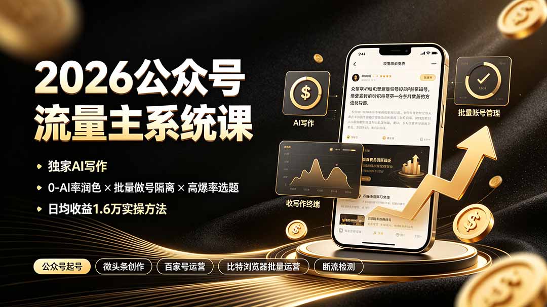 2026公众号流量主系统课:独家AI写作×0-AI率润色×批量做号隔离×高爆率选题,日均收益1.6万实操方法-猴哥VIP资源站