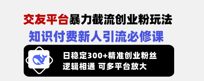 交友平台暴力截流创业粉玩法,知识付费新人引流必修课,日稳定300+精准创业粉丝,逻辑相通可多平台放大-猴哥VIP资源站