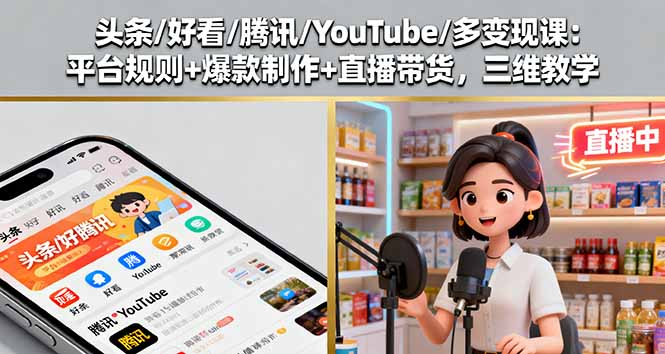 头条/好看/腾讯/YouTube/多变现课:平台规则+爆款制作+直播带货,三维教学-猴哥VIP资源站