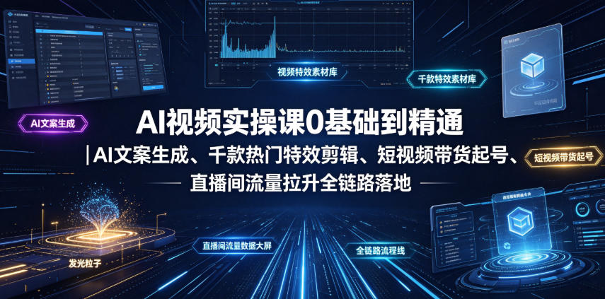 AI视频实操课0基础到精通|AI文案生成、千款热门特效剪辑、短视频带货起号、直播间流量拉升全链路落地-猴哥VIP资源站