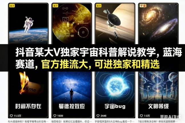 抖音某大V独家宇宙科普解说教学，蓝海赛道，官方推流大，可进独家和精选-猴哥VIP资源站