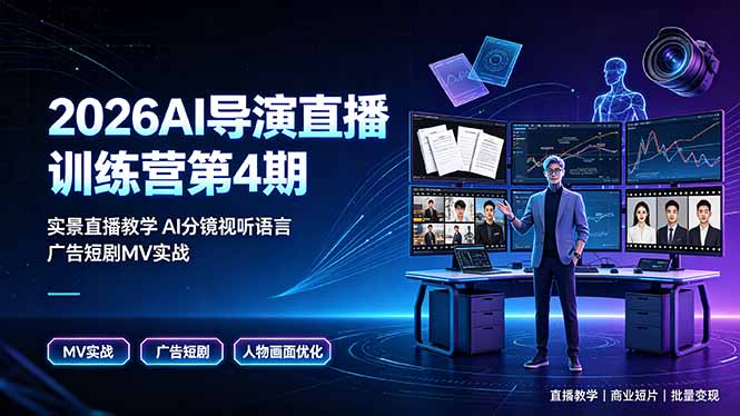 2026AI导演直播训练营第4期,实景直播教学AI分镜视听语言,广告短剧MV实战,解决人物画面崩坏痛点-猴哥VIP资源站