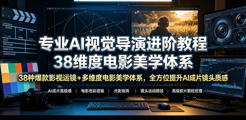 专业AI视觉导演进阶教程,38种爆款影视运镜+多维度电影美学体系,全方位提升AI成片高级感与镜头质感-猴哥VIP资源站