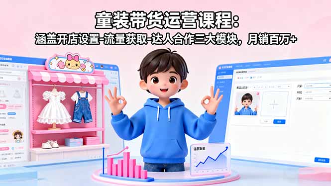 童装带货运营课程:涵盖开店设置-流量获取-达人合作三大模块,月销百万+-猴哥VIP资源站