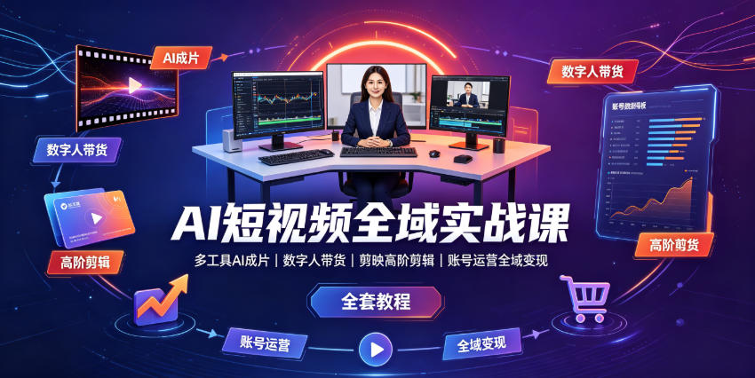 AI短视频全域实战,多工具AI成片+数字人带货+剪映高阶剪辑+账号运营全域变现全套落地-猴哥资源站