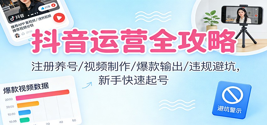 抖音运营全攻略：注册养号/视频制作/爆款输出/违规避坑，新手快速起号-猴哥VIP资源站