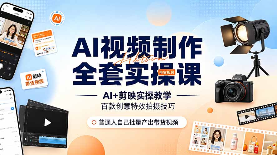 AI视频制作全套实操课,多款AI工具搭配剪映教学,百种特效运镜拍摄实操,抖音账号带货运营全覆盖-猴哥VIP资源站