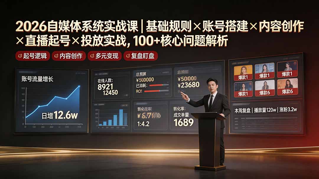 2026自媒体系统实战课｜基础规则×账号搭建×内容创作×直播起号×投放实战，100+核心问题解析-猴哥VIP资源站
