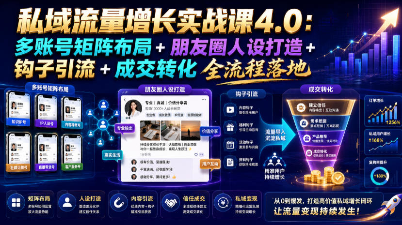 私域流量增长实战课4.0:多账号矩阵布局+朋友圈人设打造+钩子引流+成交转化全流程落地-猴哥VIP资源站