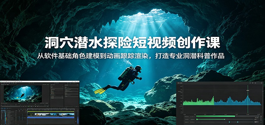 洞穴潜水探险短视频创作课：从软件基础角色建模到动画跟踪渲染，打造专业洞潜科普作品-猴哥VIP资源站
