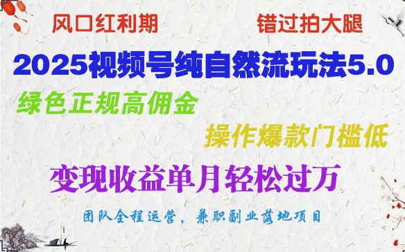 2025视频号纯自然流玩法5.0，绿色正规高佣金，操作爆款门槛低，变现收益单月轻松过万-猴哥VIP资源站