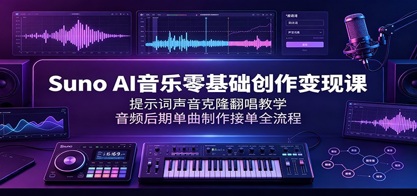 Suno AI音乐零基础创作变现课：提示词声音克隆翻唱教学，音频后期单曲制作接单全流程-猴哥VIP资源站