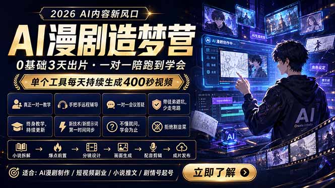 AI漫剧造梦营：0基础3天出片，单个工具每天持续生成400秒视频-猴哥VIP资源站