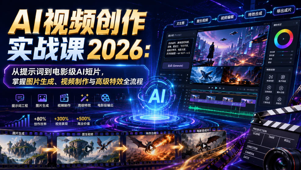 AI视频创作实战课2026:从提示词到电影级AI短片,掌握图片生成、视频制作与高级特效全流程-猴哥VIP资源站