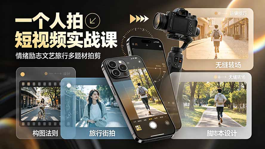 一个人拍短视频实战课:情绪励志文艺旅行多题材×五大景别×黄金构图×八大运镜,从拍摄到成片高效创作-猴哥VIP资源站