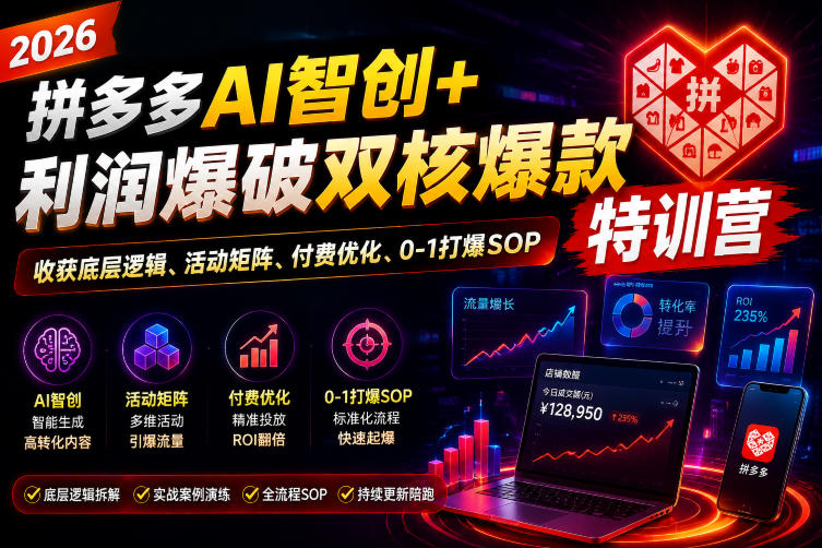 2026拼多多AI智创+利润爆破双核爆款特训营,收获底层逻辑、活动矩阵、付费优化、0-1打爆SOP-猴哥VIP资源站