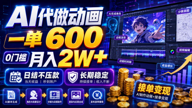 AI代做动画,一单600,0门槛月入2W+,日结不压款,长期稳定【揭秘】-猴哥VIP资源站