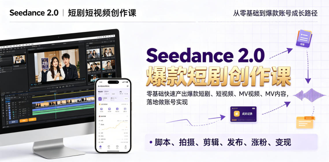 Seedance 2.0短剧短视频创作课,零基础快速产出爆款短剧、短视频、MV内容,落地做账号实现变现-猴哥VIP资源站