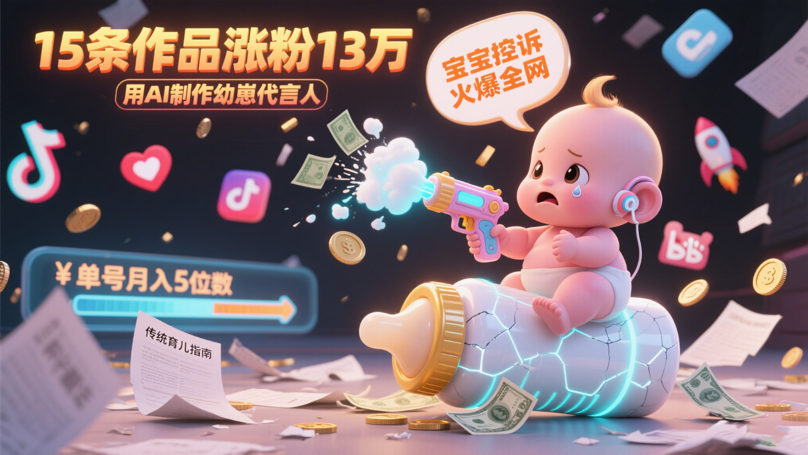 用AI制作幼崽代言人，宝宝的控诉火爆全网，15条作品涨粉13万，单号月入5位数实操教程-猴哥VIP资源站