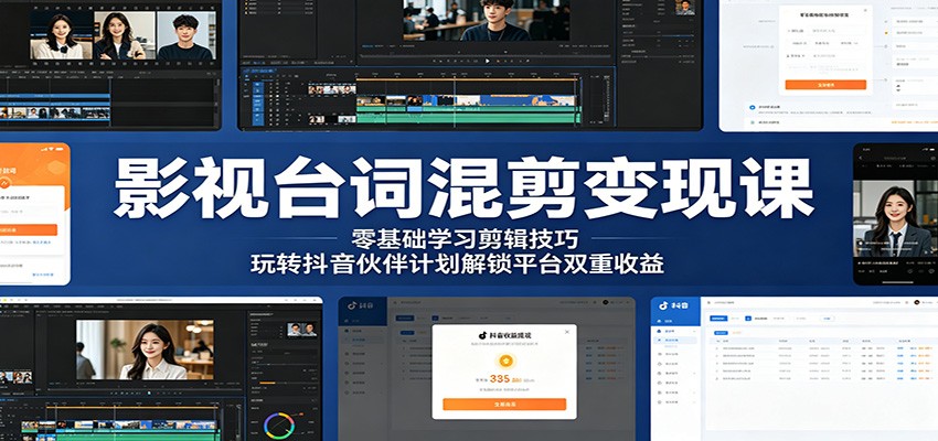 影视台词混剪变现课:零基础学习剪辑技巧,玩转抖音伙伴计划解锁平台双重收益-猴哥VIP资源站