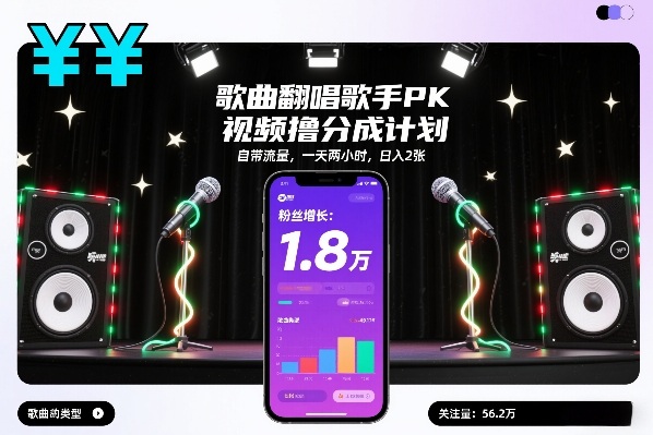 歌曲翻唱歌手PK视频撸分成计划，自带流量，一天两小时，日入2张-猴哥VIP资源站