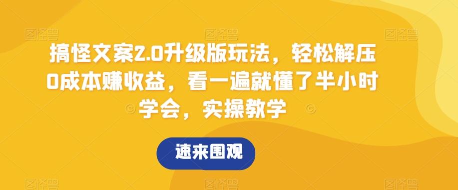 搞怪文案2.0升级版玩法，轻松解压0成本赚收益，看一遍就懂了半小时学会，实操教学【揭秘】-猴哥VIP资源站