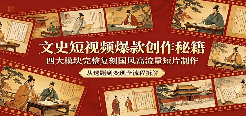 文史短视频爆款创作秘籍：四大模块完整复刻国风高流量短片制作-猴哥VIP资源站