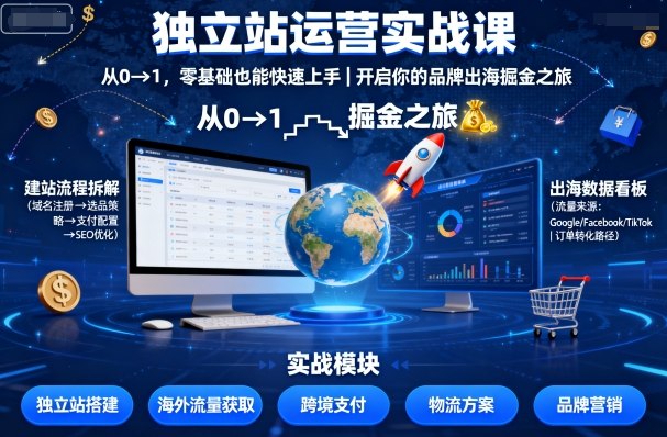 独立站运营实战课，从0到1，零基础也能快速上手，开启你的品牌出海掘金之旅-猴哥VIP资源站