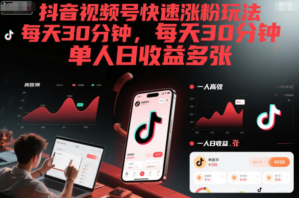 抖音视频号快速涨粉玩法，每天30分钟，单人日收益多张-猴哥VIP资源站