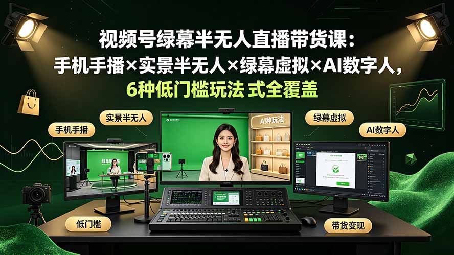 视频号绿幕半无人直播带货课:手机手播×实景半无人×绿幕虚拟×AI数字人,6种低门槛玩法全覆盖-猴哥VIP资源站