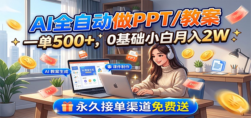 AI全自动做PPT/教案，一单500+，0基础小白月入2W，永久接单渠道免费送-猴哥VIP资源站
