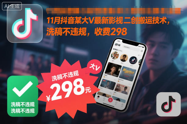 11月抖音某大V最新影视二创搬运技术，洗稿不违规，收费298-猴哥VIP资源站