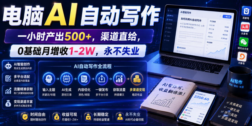 电脑AI自动写作,一小时产出500+,渠道直给,0基础月增收1-2W,永不失业【揭秘】-猴哥VIP资源站