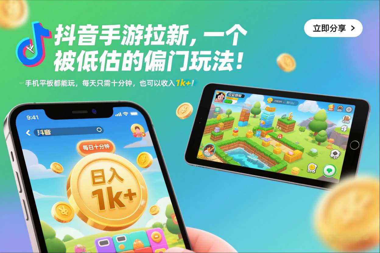 抖音手游拉新,一个被低估的偏门玩法!手机平板都能玩,每天只需十分钟,也可以收入1k+【揭秘】-猴哥VIP资源站